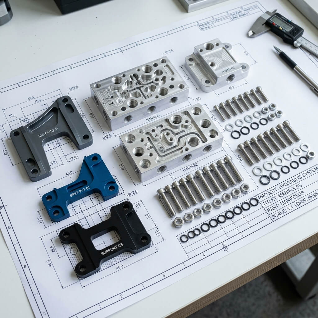 Machined aluminum manifold blocks and brackets